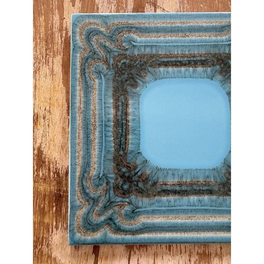 Vintage glazed ceramic art tile turquoise gray black Wessel Germany square
